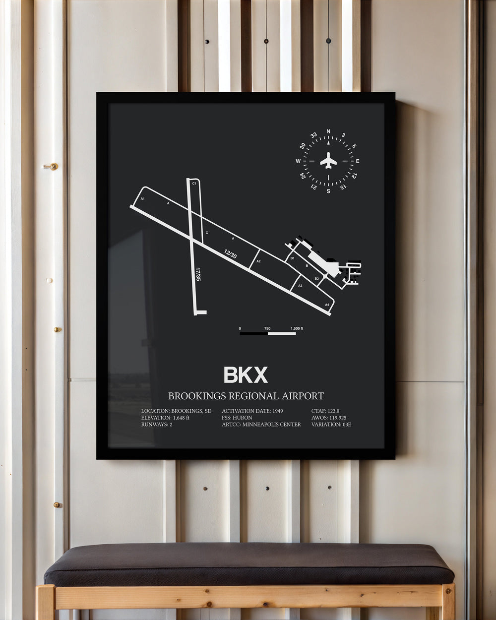 Framed Detailed Airport Map of Brookings Regional Airport (BKX) in Gray with a Black Frame