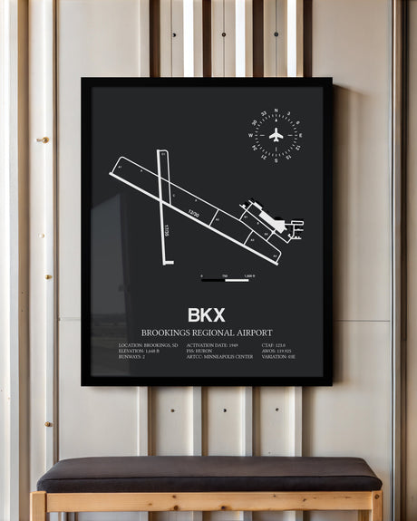 Framed Detailed Airport Map of Brookings Regional Airport (BKX) in Gray with a Black Frame