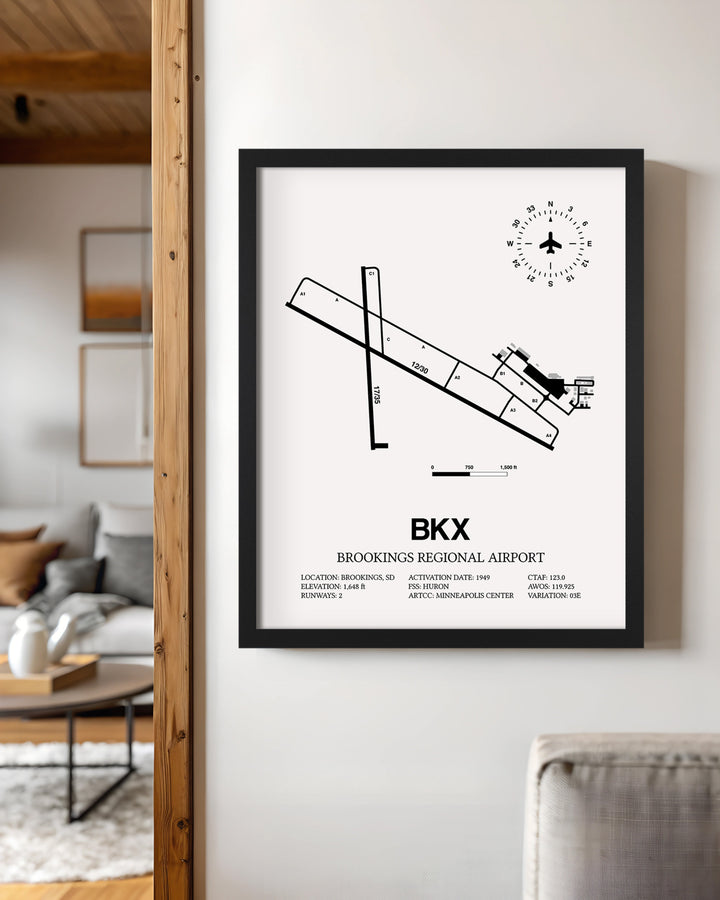 Framed Detailed Airport Map of Brookings Regional Airport (BKX) in White with a Black Frame