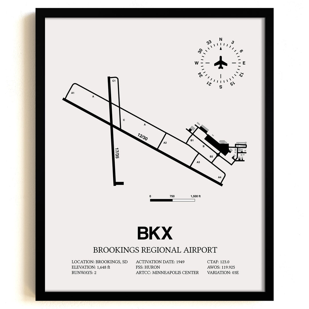 Framed Detailed Airport Map of Brookings Regional Airport (BKX) in White with a Black Frame