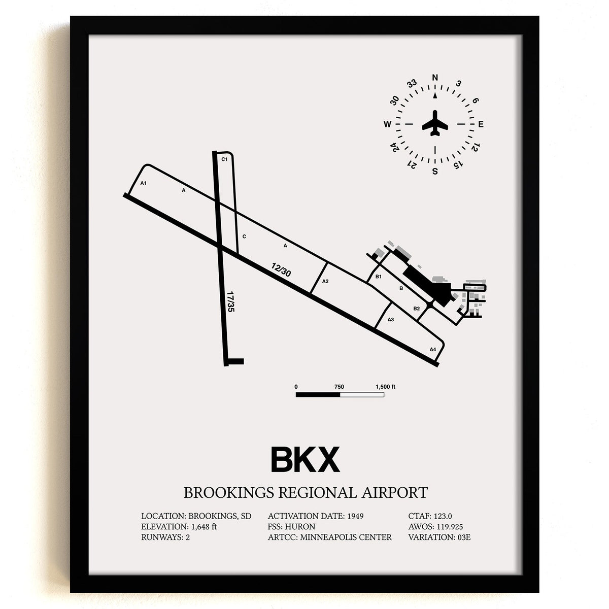 Framed Detailed Airport Map of Brookings Regional Airport (BKX) in White with a Black Frame