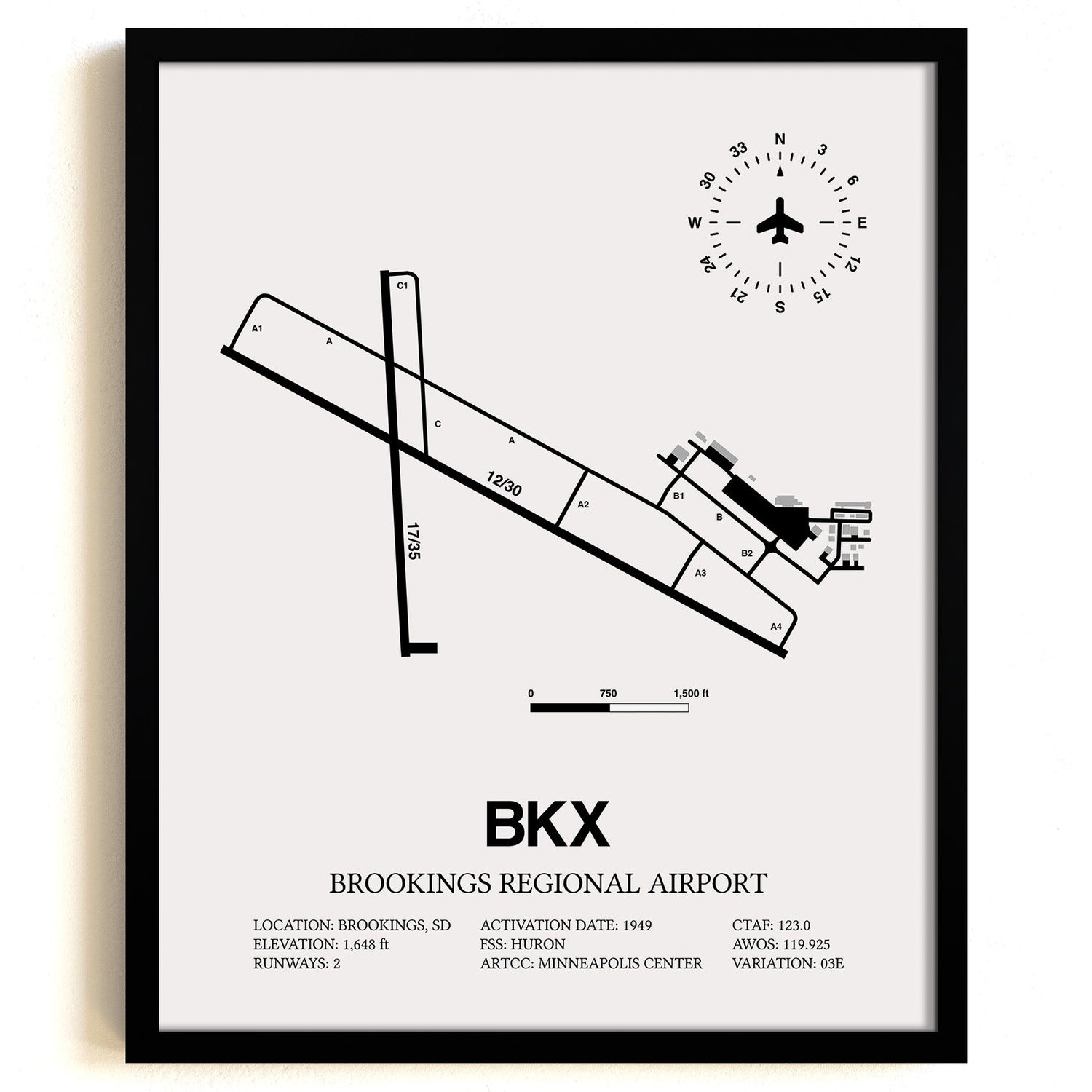 Framed Detailed Airport Map of Brookings Regional Airport (BKX) in White with a Black Frame
