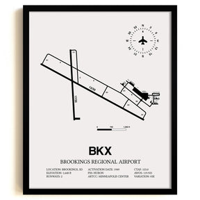 Framed Detailed Airport Map of Brookings Regional Airport (BKX) in White with a Black Frame