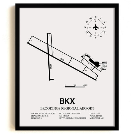 Framed Detailed Airport Map of Brookings Regional Airport (BKX) in White with a Black Frame