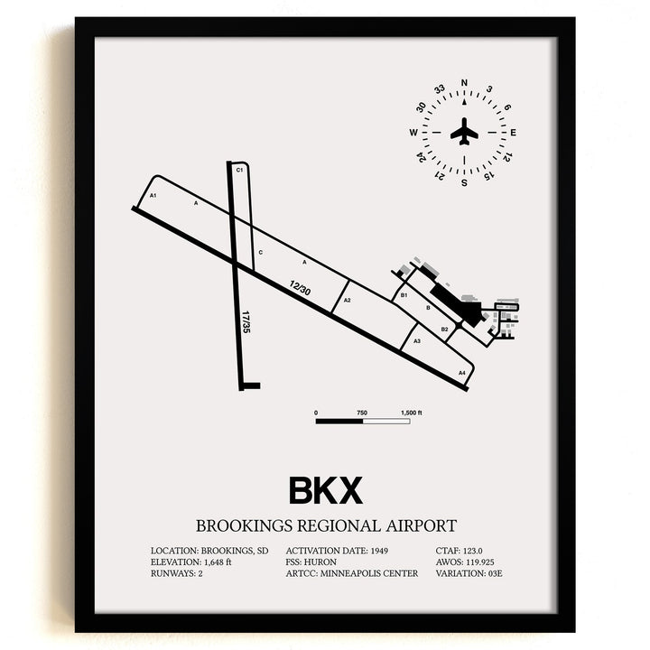 Framed Detailed Airport Map of Brookings Regional Airport (BKX) in White with a Black Frame