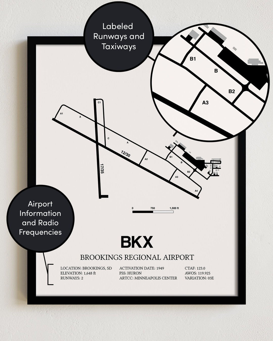 Framed Detailed Airport Map of Brookings Regional Airport (BKX) in White with a Black Frame