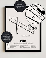Framed Detailed Airport Map of Brookings Regional Airport (BKX) in White with a Black Frame