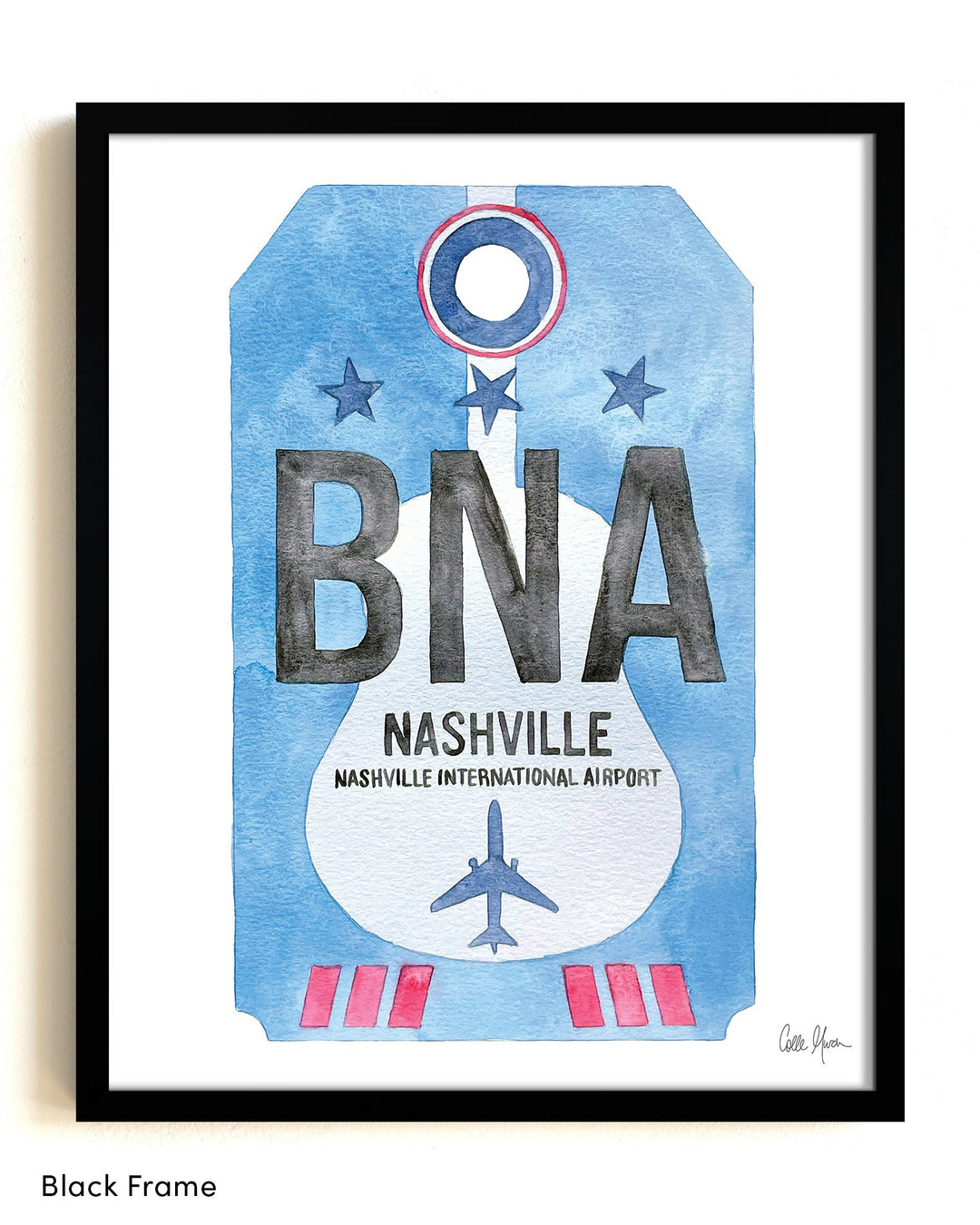Framed Watercolor Print of Nashville International Airport (BNA) with a Black Frame