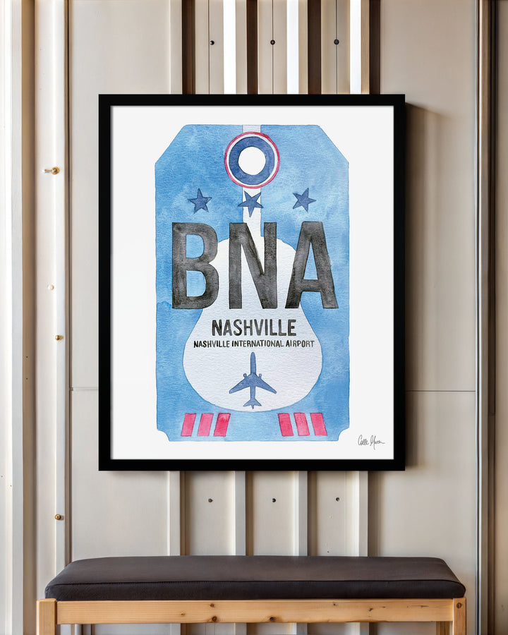 Framed Watercolor Print of Nashville International Airport (BNA) with a Black Frame