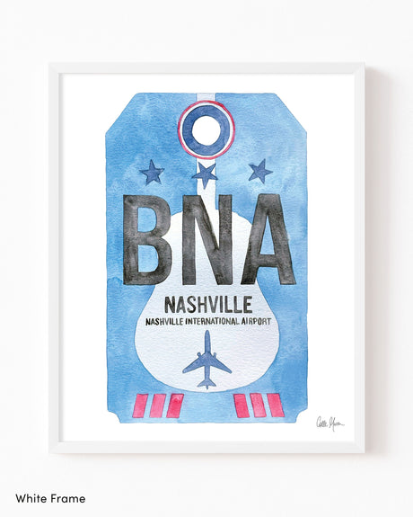 Framed Watercolor Print of Nashville International Airport (BNA) with a White Frame