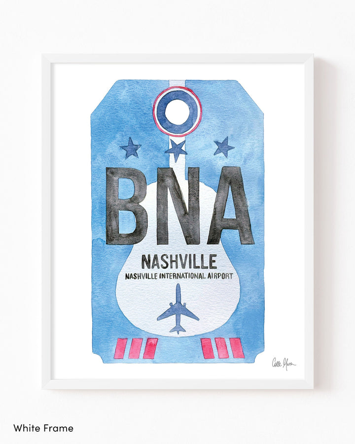 Framed Watercolor Print of Nashville International Airport (BNA) with a White Frame