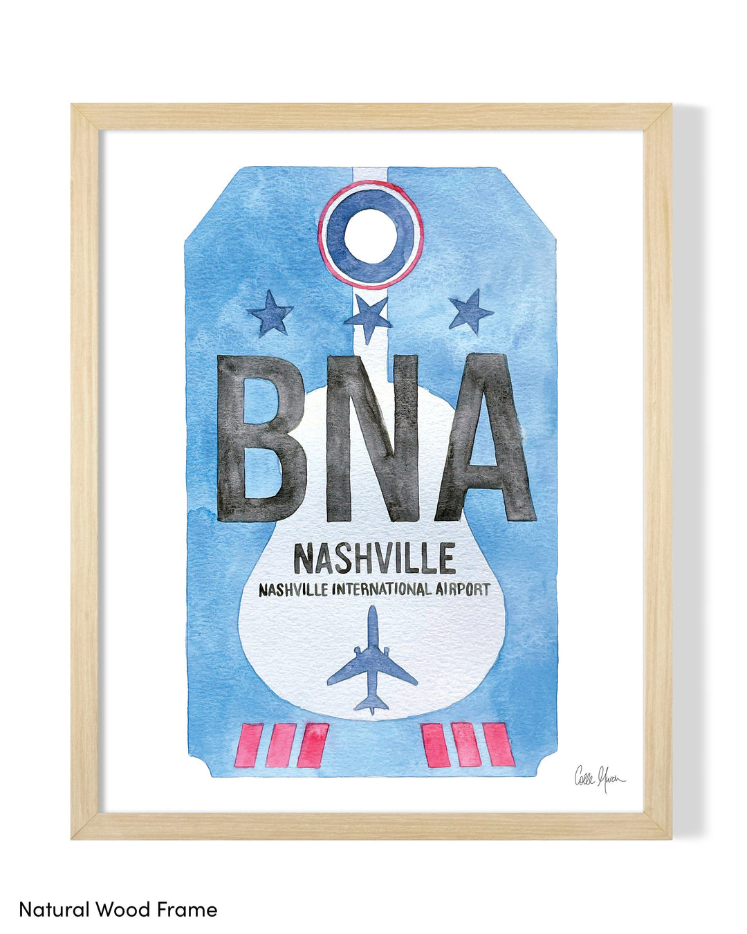 Framed Watercolor Print of Nashville International Airport (BNA) with a Natural Wood Frame