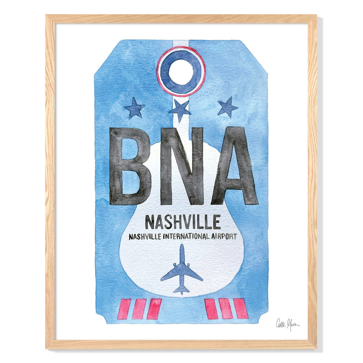 Framed Watercolor Print of Nashville International Airport (BNA) with an Oak Frame