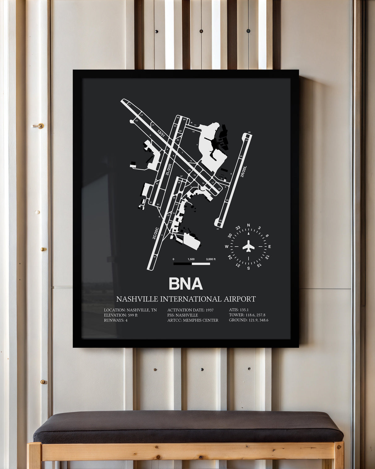 Framed Detailed Airport Map of Nashville International Airport (BNA) in Gray with a Black Frame