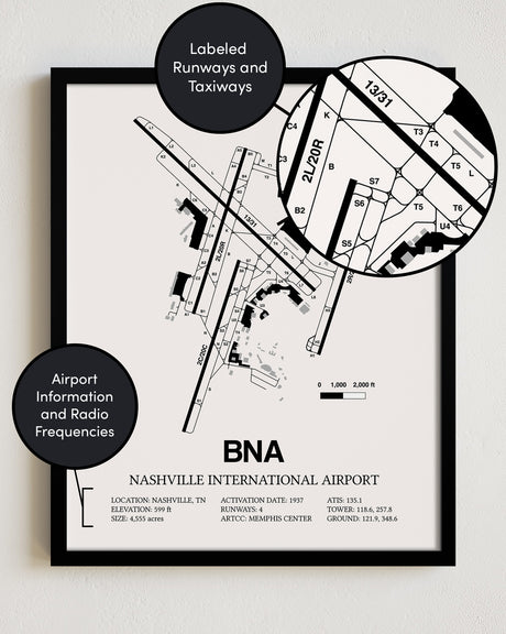 Framed Detailed Airport Map of Nashville International Airport (BNA) in White with a Black Frame