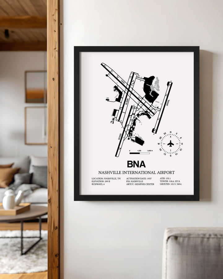 Framed Detailed Airport Map of Nashville International Airport (BNA) in White with a Black Frame