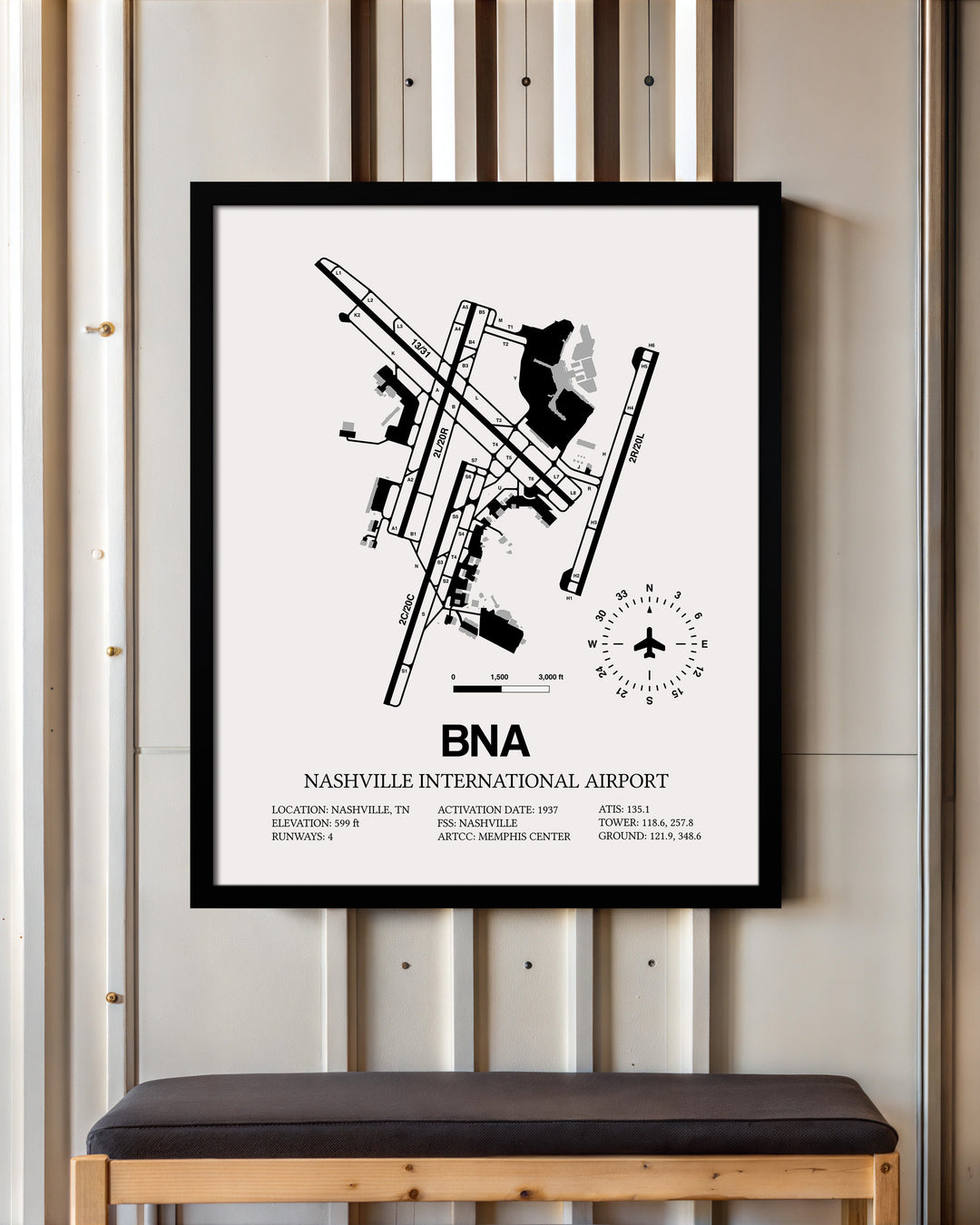 Framed Detailed Airport Map of Nashville International Airport (BNA) in White with a Black Frame