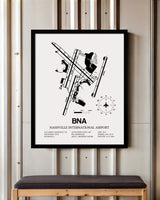 Framed Detailed Airport Map of Nashville International Airport (BNA) in White with a Black Frame