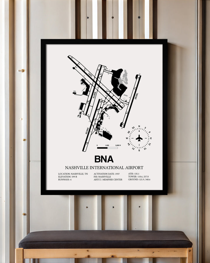 Framed Detailed Airport Map of Nashville International Airport (BNA) in White with a Black Frame