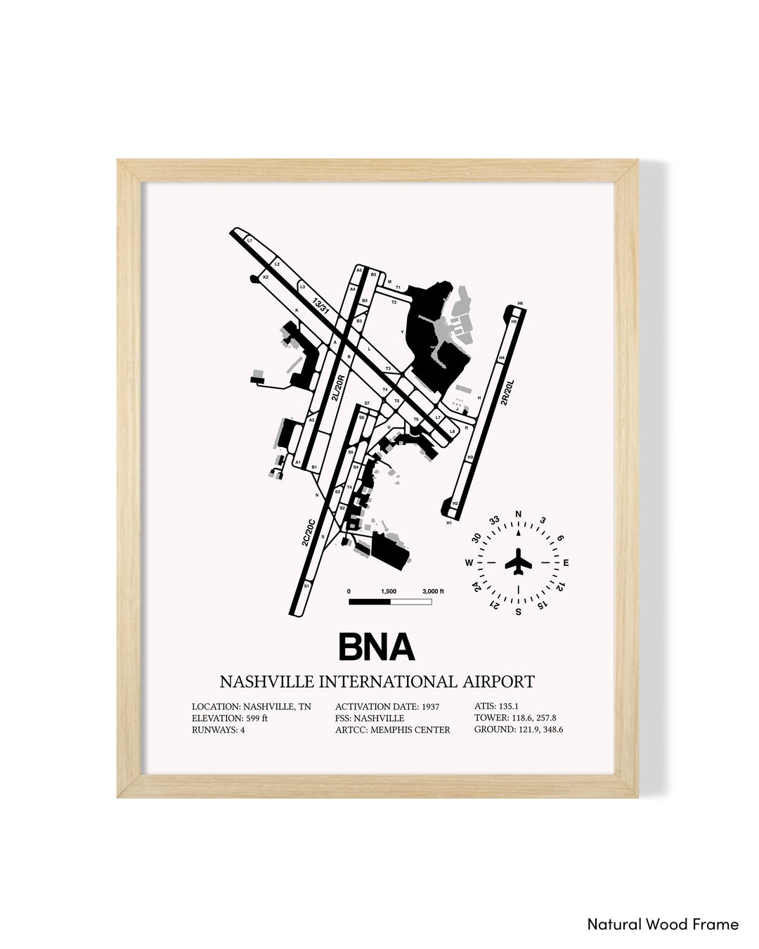 Detailed Airport Map of Nashville International Airport (BNA) in White with a Natural Frame