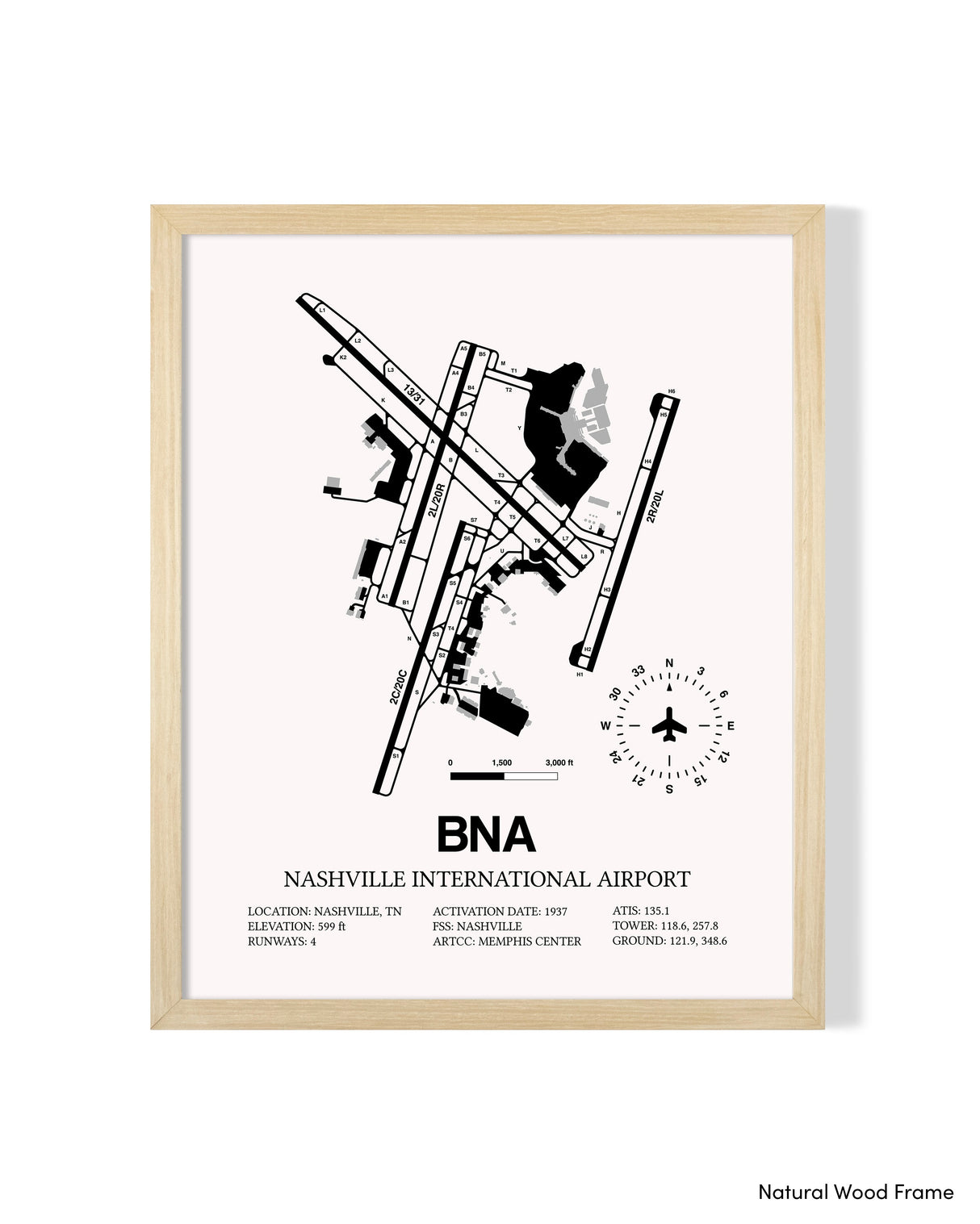 Detailed Airport Map of Nashville International Airport (BNA) in White with a Natural Frame
