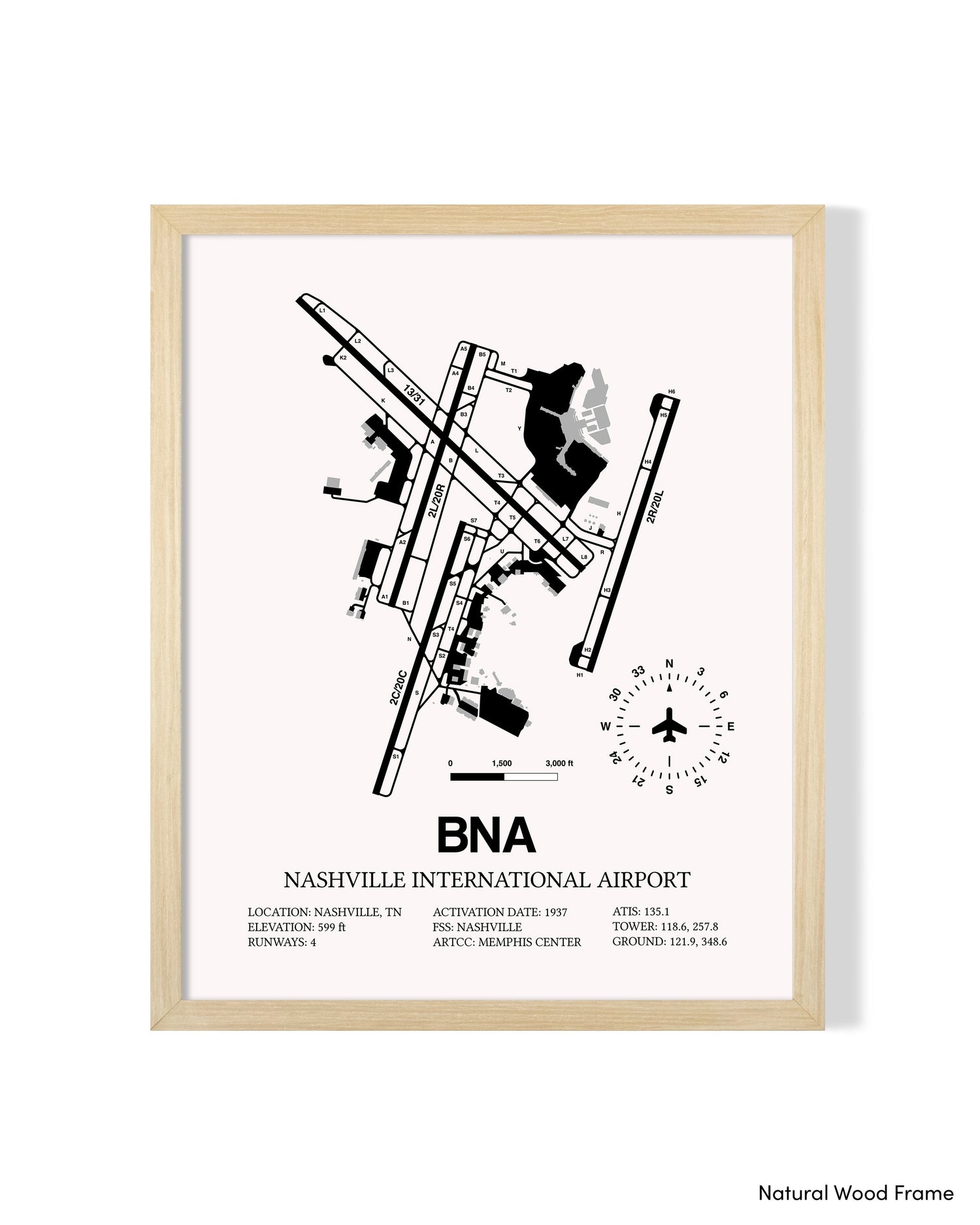 Detailed Airport Map of Nashville International Airport (BNA) in White with a Natural Frame