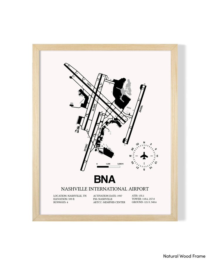 Detailed Airport Map of Nashville International Airport (BNA) in White with a Natural Frame