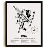 Framed Detailed Airport Map of Nashville International Airport (BNA) in White with a Black Frame