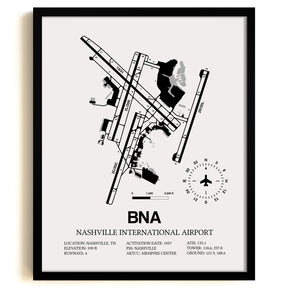 Framed Detailed Airport Map of Nashville International Airport (BNA) in White with a Black Frame