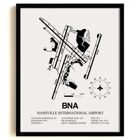 Framed Detailed Airport Map of Nashville International Airport (BNA) in White with a Black Frame