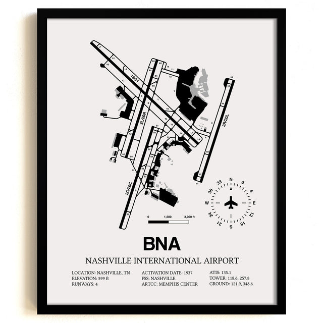 Framed Detailed Airport Map of Nashville International Airport (BNA) in White with a Black Frame