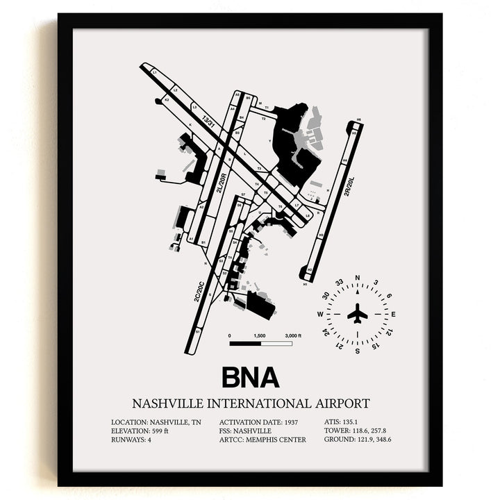 Framed Detailed Airport Map of Nashville International Airport (BNA) in White with a Black Frame