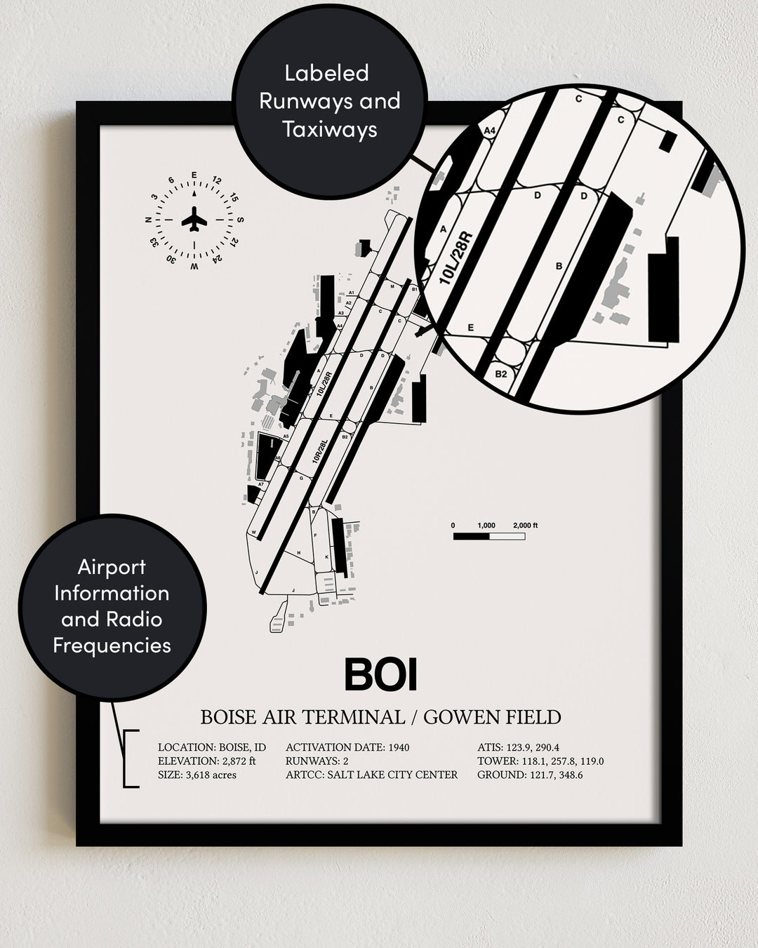 Framed Detailed Airport Map of Boise Air Terminal/Gowen Field (BOI) in White with a Black Frame