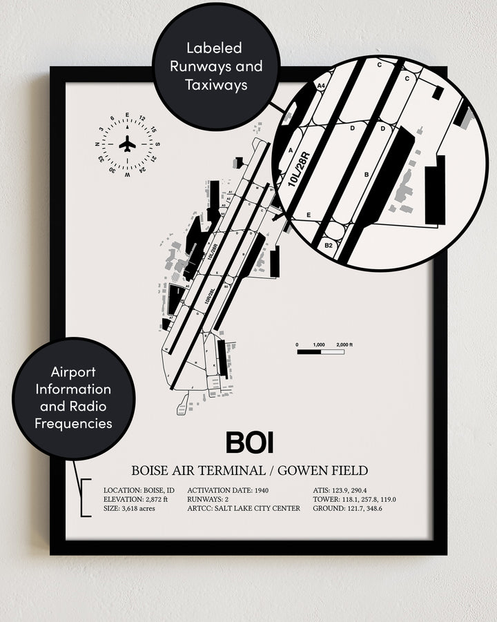 Framed Detailed Airport Map of Boise Air Terminal/Gowen Field (BOI) in White with a Black Frame