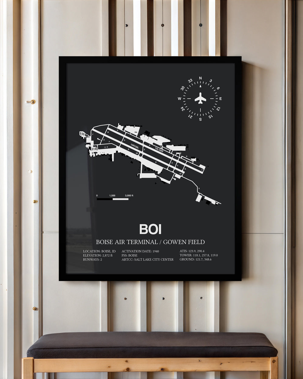 Framed Detailed Airport Map of Boise Air Terminal/Gowen Field (BOI) in Gray with a Black Frame