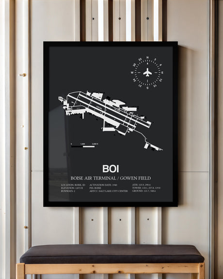 Framed Detailed Airport Map of Boise Air Terminal/Gowen Field (BOI) in Gray with a Black Frame