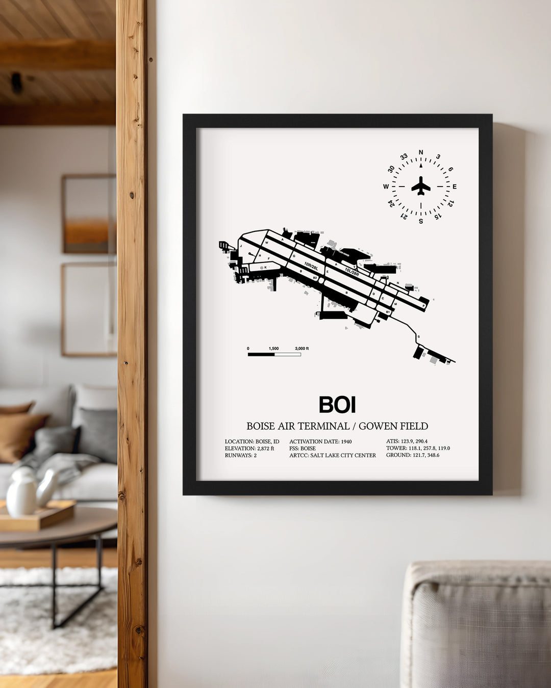 Framed Detailed Airport Map of Boise Air Terminal/Gowen Field (BOI) in White with a Black Frame