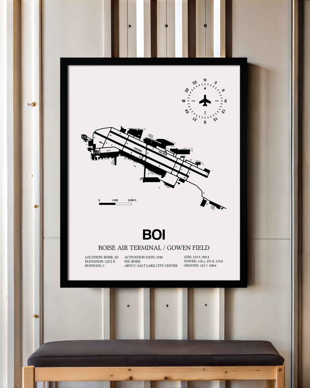 Framed Detailed Airport Map of Boise Air Terminal/Gowen Field (BOI) in White with a Black Frame