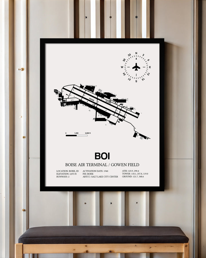 Framed Detailed Airport Map of Boise Air Terminal/Gowen Field (BOI) in White with a Black Frame