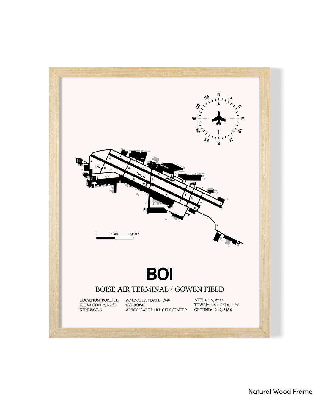 Detailed Airport Map of Boise Air Terminal/Gowen Field (BOI) in White with a Natural Frame
