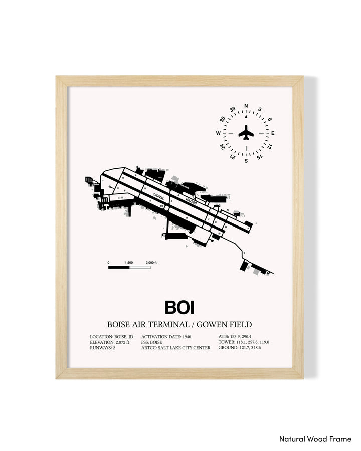 Detailed Airport Map of Boise Air Terminal/Gowen Field (BOI) in White with a Natural Frame