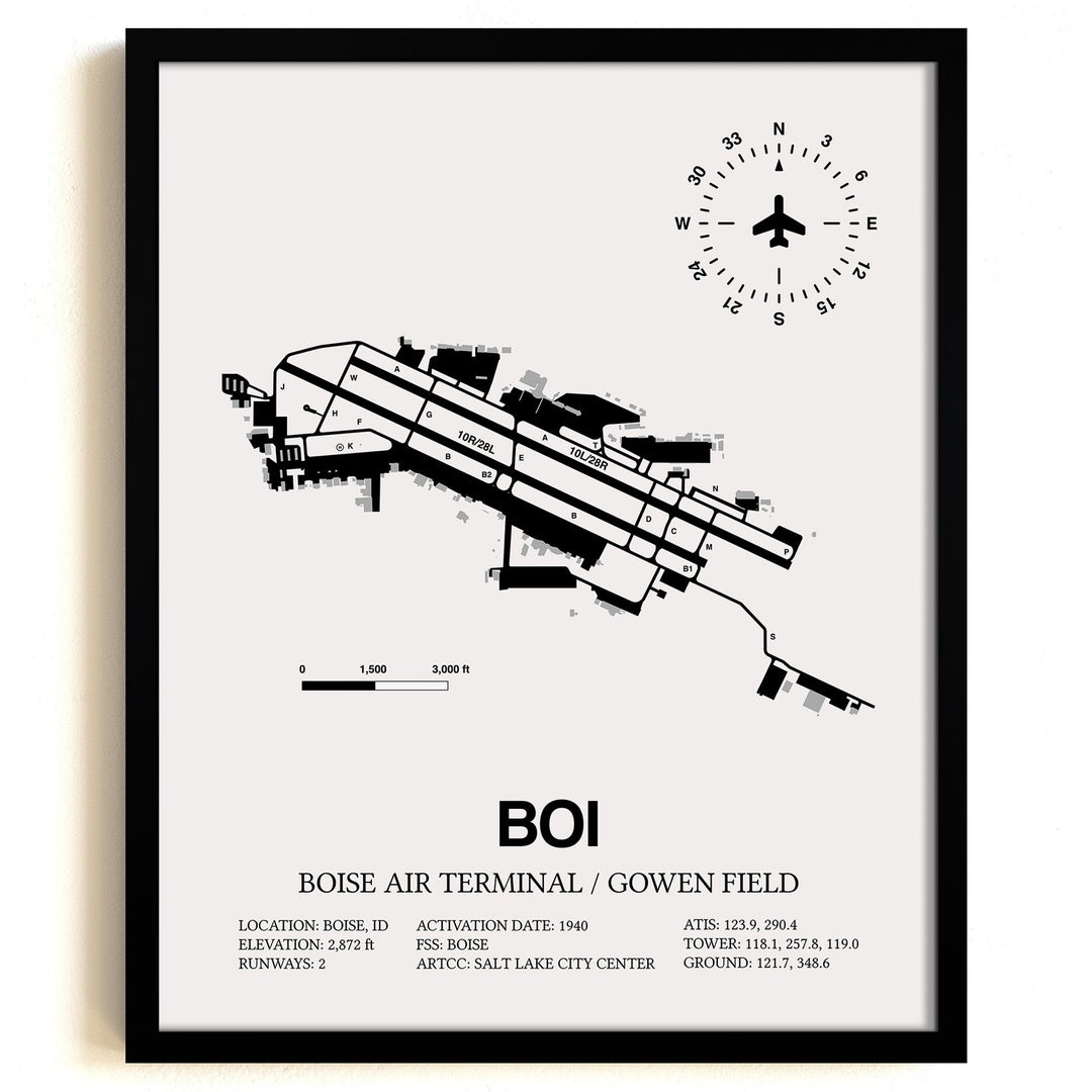 Framed Detailed Airport Map of Boise Air Terminal/Gowen Field (BOI) in White with a Black Frame