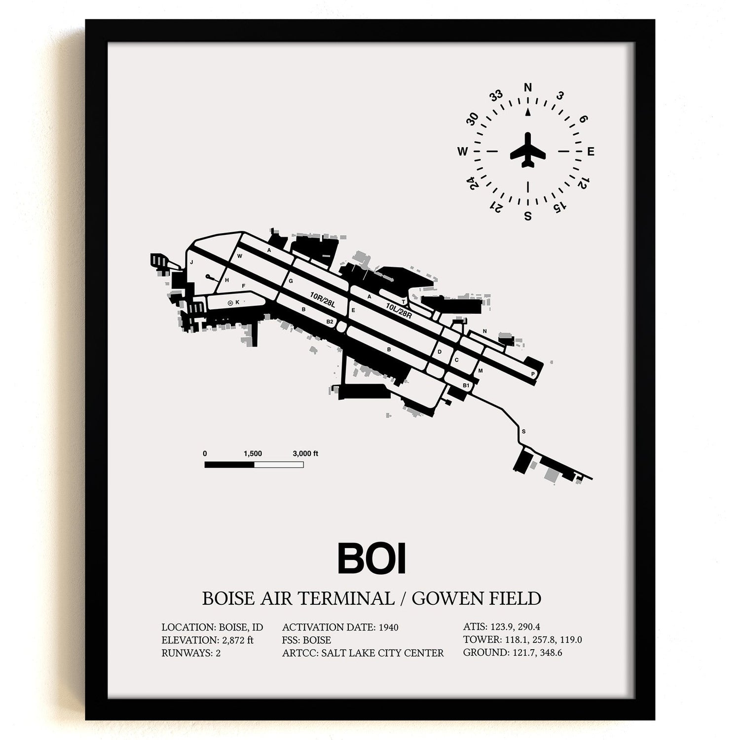 Framed Detailed Airport Map of Boise Air Terminal/Gowen Field (BOI) in White with a Black Frame