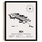 Framed Detailed Airport Map of Boise Air Terminal/Gowen Field (BOI) in White with a Black Frame