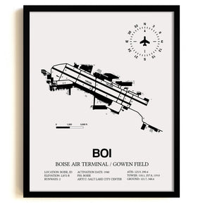 Framed Detailed Airport Map of Boise Air Terminal/Gowen Field (BOI) in White with a Black Frame