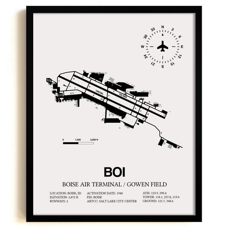 Framed Detailed Airport Map of Boise Air Terminal/Gowen Field (BOI) in White with a Black Frame