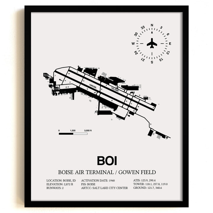 Framed Detailed Airport Map of Boise Air Terminal/Gowen Field (BOI) in White with a Black Frame