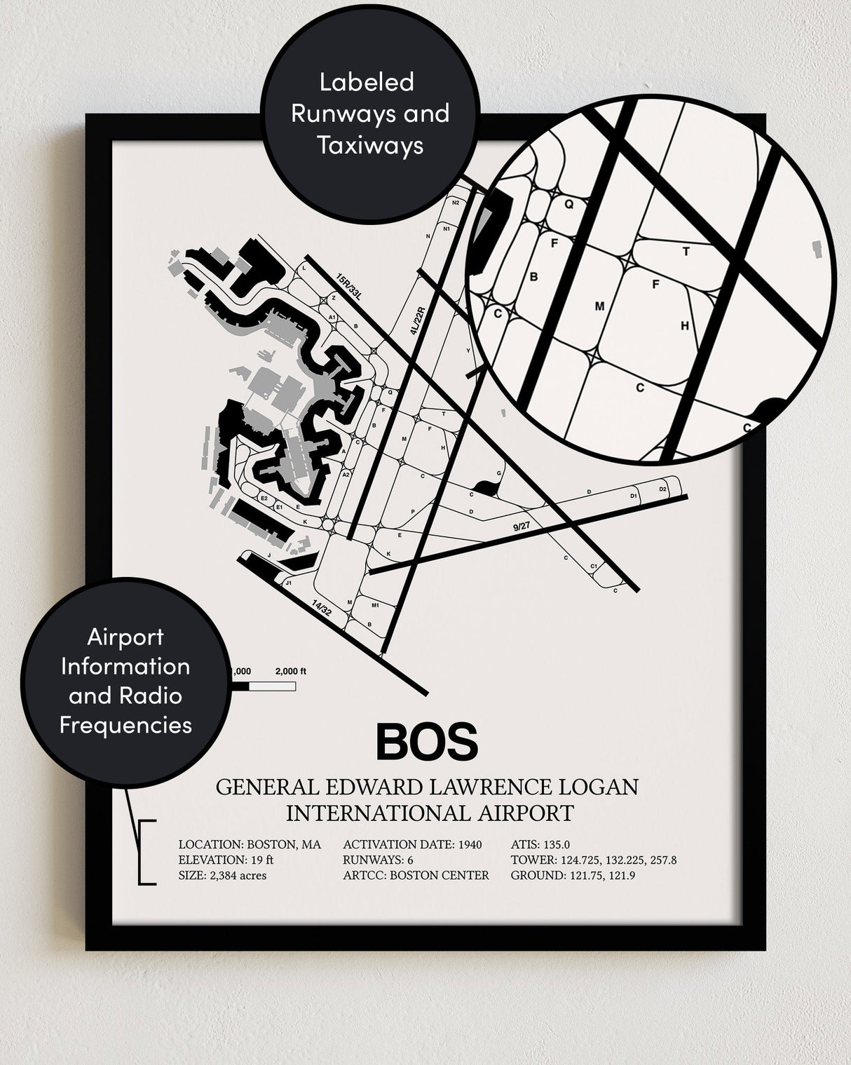 Framed Detailed Airport Map of Logan International Airport (BOS) in White with a Black Frame