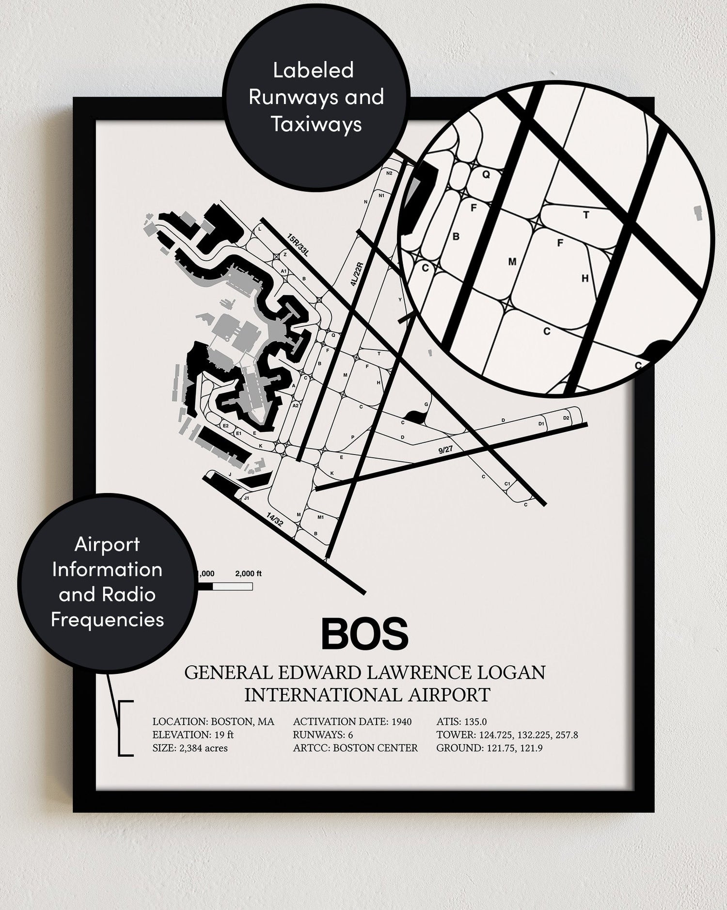Framed Detailed Airport Map of Logan International Airport (BOS) in White with a Black Frame