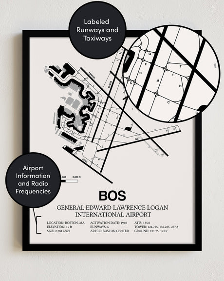 Framed Detailed Airport Map of Logan International Airport (BOS) in White with a Black Frame